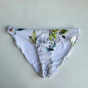 NWT TJ Maxx Womens White Floral Print Mid-Rise Bikini Swim Bottom Green Ribbed M